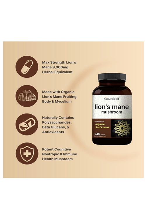 Naturebell  Lions Mane Mushroom Organic  9,000mg, 240 Capsules.Abd Menşei.