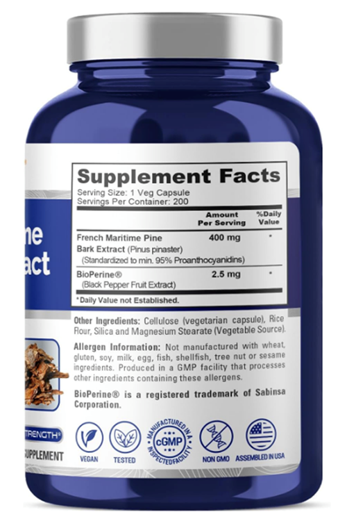 NusaPure French Maritime Pine Bark Extract 400mg per 200 Veggie Capsul Supply Bioperine Non-GMO.Abd