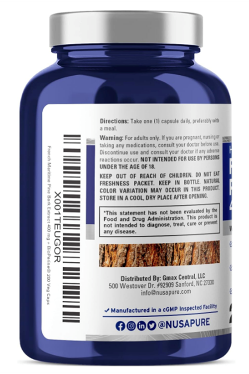 NusaPure French Maritime Pine Bark Extract 400mg per 200 Veggie Capsul Supply Bioperine Non-GMO.Abd