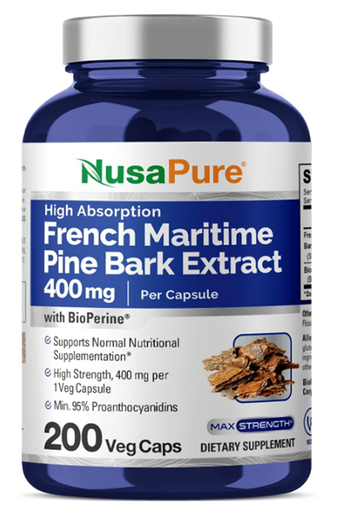 NusaPure French Maritime Pine Bark Extract 400mg per 200 Veggie Capsul Supply Bioperine Non-GMO.Abd
