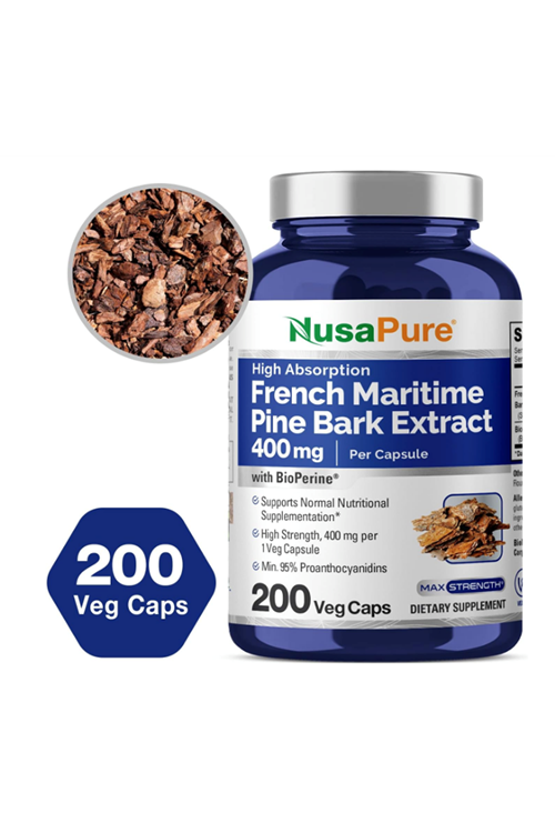 NusaPure French Maritime Pine Bark Extract 400mg per 200 Veggie Capsul Supply Bioperine Non-GMO.Abd