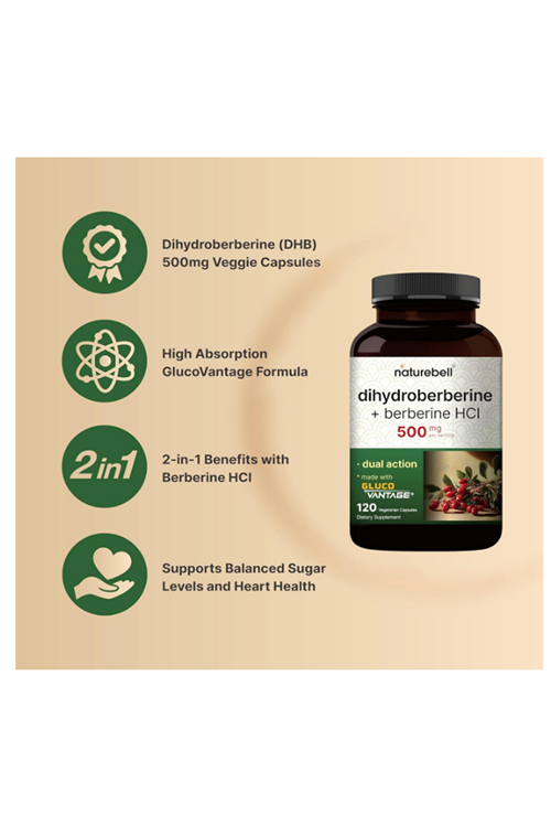 NatureBell Dihydroberberine with Berberine HCl 500mg, 120 Veggie Capsules  5X Better Absorbed with GlucoVantage Supports.Abd.