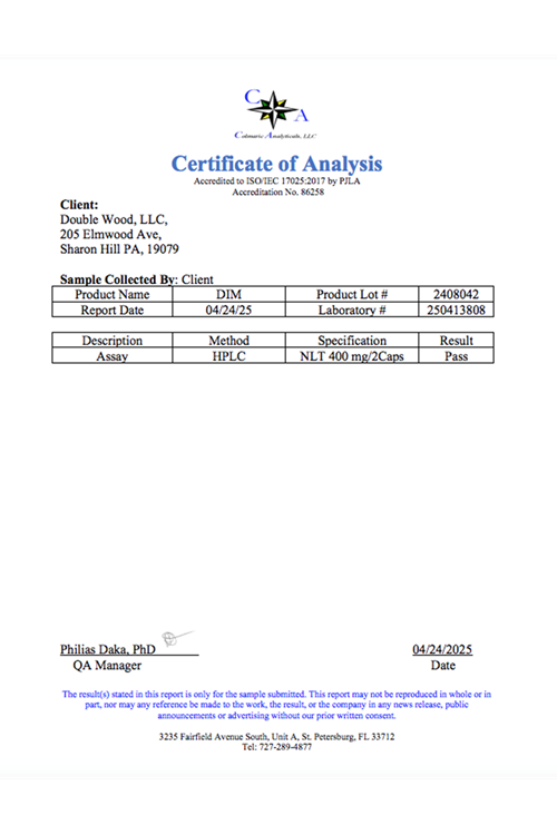 Double Wood DIM  for Women and Men (Diindolylmethane Acne Treatment, 400mg  60 Capsules.Abd