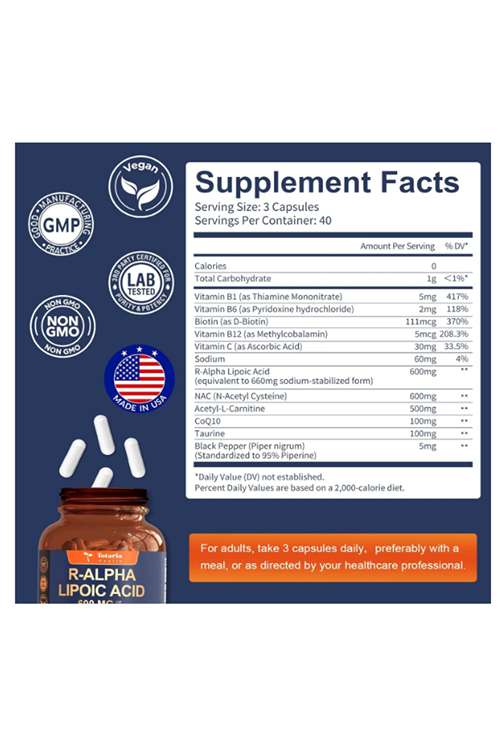 Totaria Healt R Alpha Lipoic Acid 600mg with NAC - ALA  Antioxidant  Neuropathy, Nerve Health, Cell Energy, Anti-Aging, Vegan 120 Capsul.