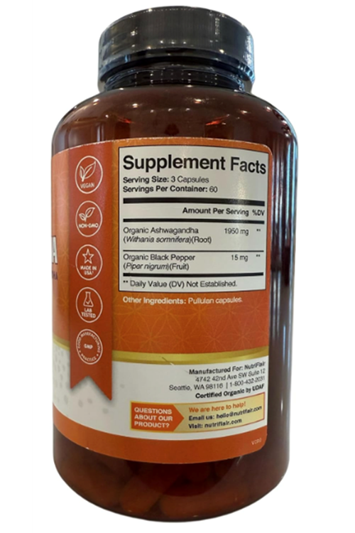 NutriFlair Organic Asvaganda  Root Extract Black Pepper  - 180 Capsul  Made in USA.