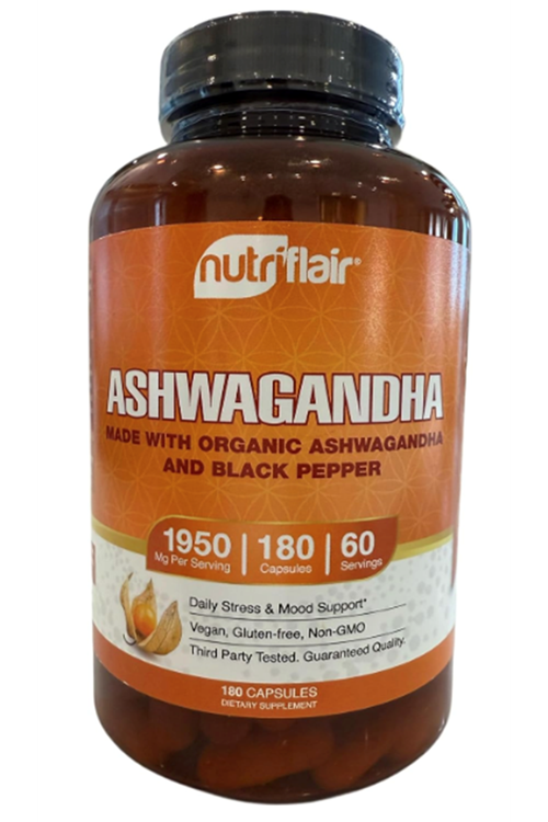 NutriFlair Organic Asvaganda Root Extract - with Organic Black Pepper - Stress and Mood Support - 180 Capsul Powerful Adaptogenic Benefits and Overall Health - Made in USA