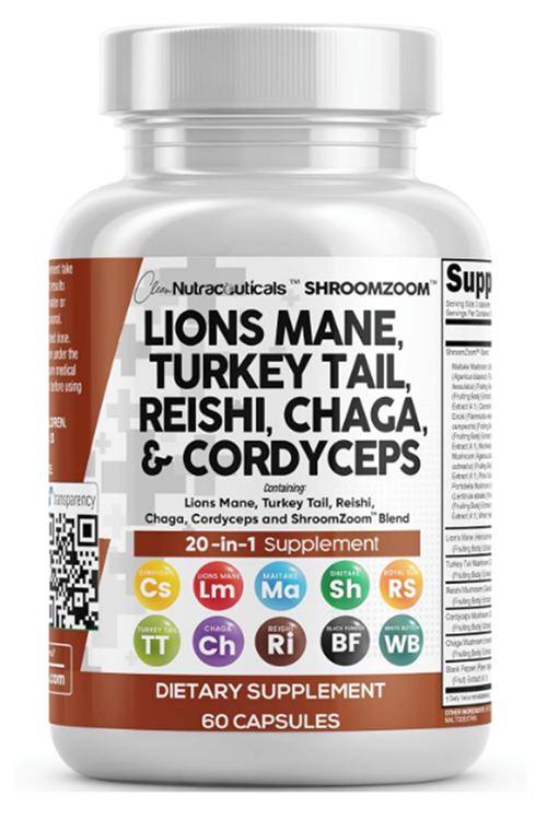 Clean Nutraceuticals Lions Mane 20in1 60 Capsul,Mushroom with Turkey Tail Reishi Cordyceps Chaga Maitake Meshima Poria Cocos Shiitake Oyster Porcini Enoki 
