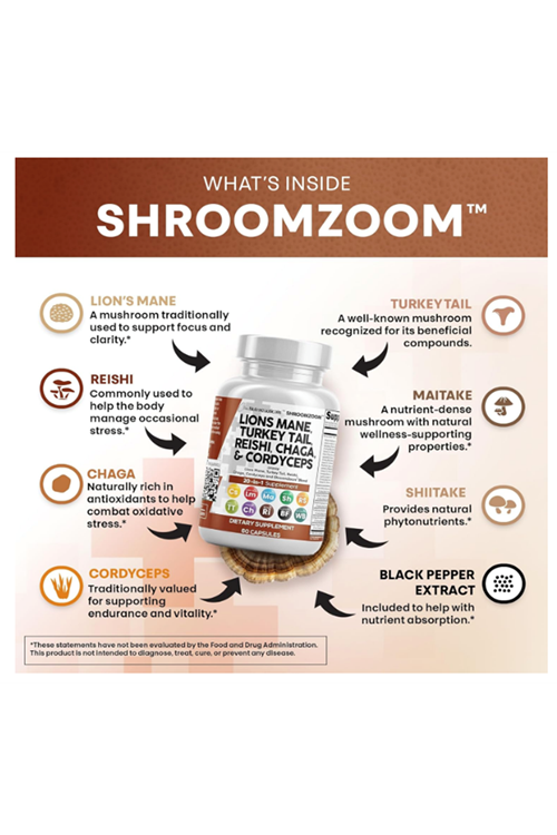 Clean Nutraceuticals Lions Mane 20in1 60 Capsul,Mushroom with Turkey Tail Reishi Cordyceps Chaga Maitake Meshima Poria Cocos Shiitake Oyster Porcini Enoki 