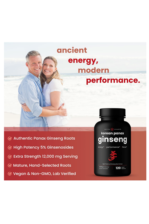 NutraChamps Korean Red Panax Ginseng Root 120 Veg Capsul Extra Strength Ginsenosides for Energy, Focus, Performance, Vitality  Immune Support.