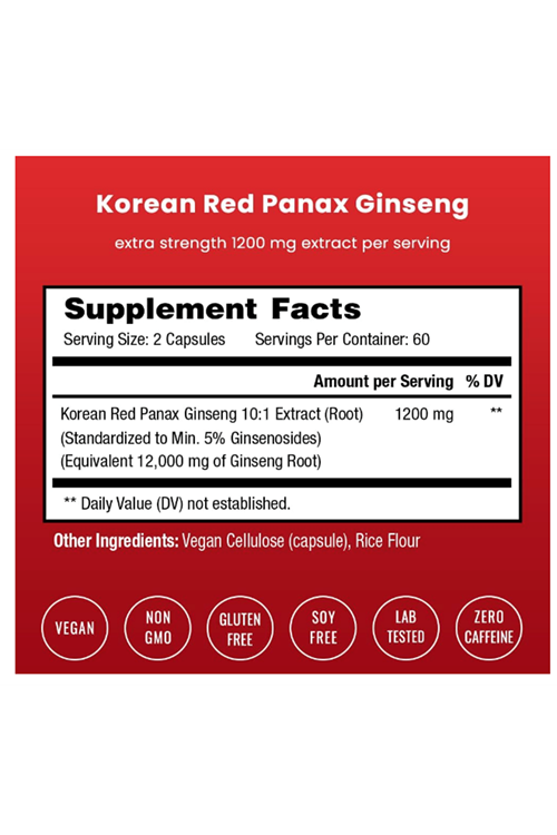 NutraChamps Korean Red Panax Ginseng Root 120 Veg Capsul Extra Strength Ginsenosides for Energy, Focus, Performance, Vitality  Immune Support.