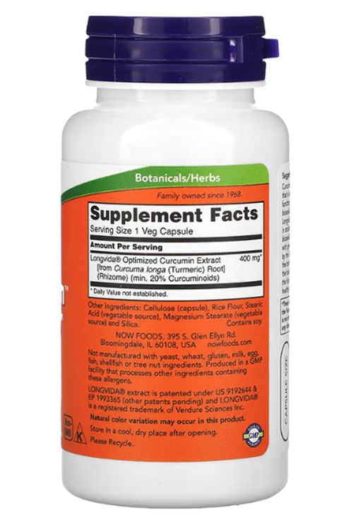 NOW Foods  CurcuBrain Longvida  Cognitive Support 400mg, 50 Veg Capsul.