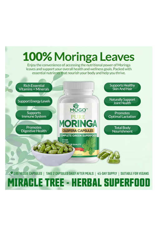 MOGO Moringa 180 Capsul Boost Energy, Immune, Gut, Joint Support  Pure Organic Moringa  Made in USA.
