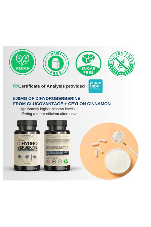VINATURA Dihydroberberine Ceylon Cinnamon, 500mg - (Patented GlucoVantage Super Berberine), Maybe Berberine 5X More absorbable - 30 Capsules.