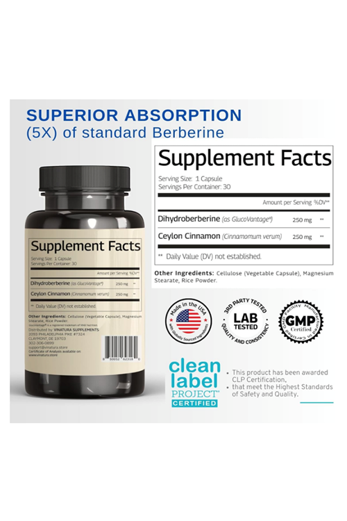 VINATURA Dihydroberberine Ceylon Cinnamon, 500mg - (Patented GlucoVantage Super Berberine), Maybe Berberine 5X More absorbable - 30 Capsules.
