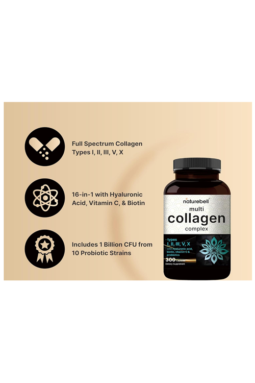 NatureBell Multi Collagen Pills for Women & Men (Type I, II, III, V, X), 300 Capsules  Hydrolyzed Collagen Peptides With Probiotics, Hyaluronic Acid & Biotin  Recovery, Hair, Skin, Nails  Joints Support