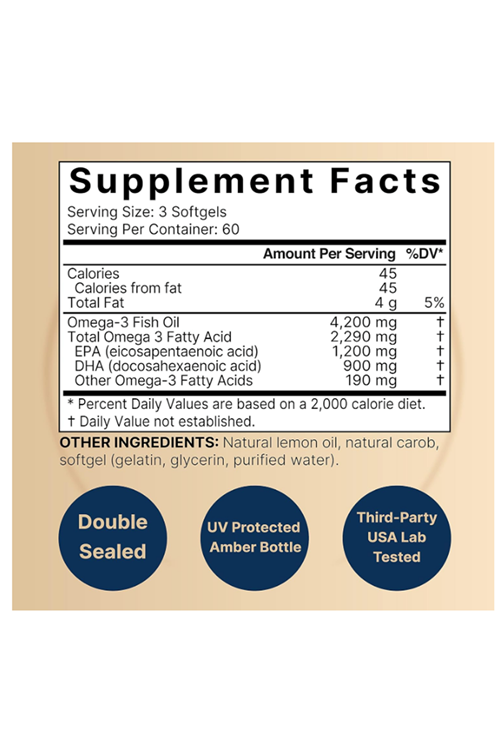 NatureBell Omega 3 Fish Oil 4,200mg, 180 Burpless Softgels, Highly Purified EPA 1,200mg  DHA 900mg 60 Servis.