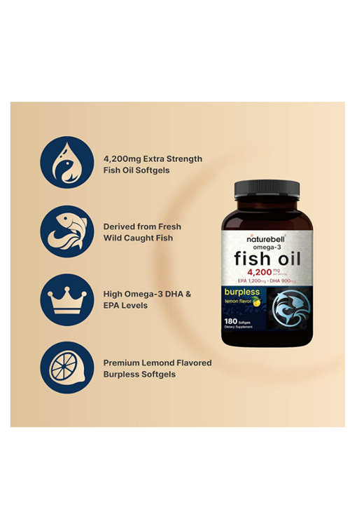 NatureBell Omega 3 Fish Oil 4,200mg, 180 Burpless Softgels, Highly Purified EPA 1,200mg  DHA 900mg 60 Servis.