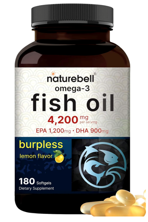 NatureBell Omega 3 Fish Oil 4,200mg, 180 Burpless Softgels, Highly Purified EPA 1,200mg  DHA 900mg 60 Servis.