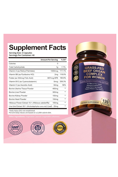 Totaria Healt Beef Organ for Women - Beef Liver, Kidney, Heart,Uterus Tissue - Balance Hor mo nes  Ove rall Ener gy - Grass Fed, Pasture Raised - Natural Iron  with Fo late - 120 Capsul