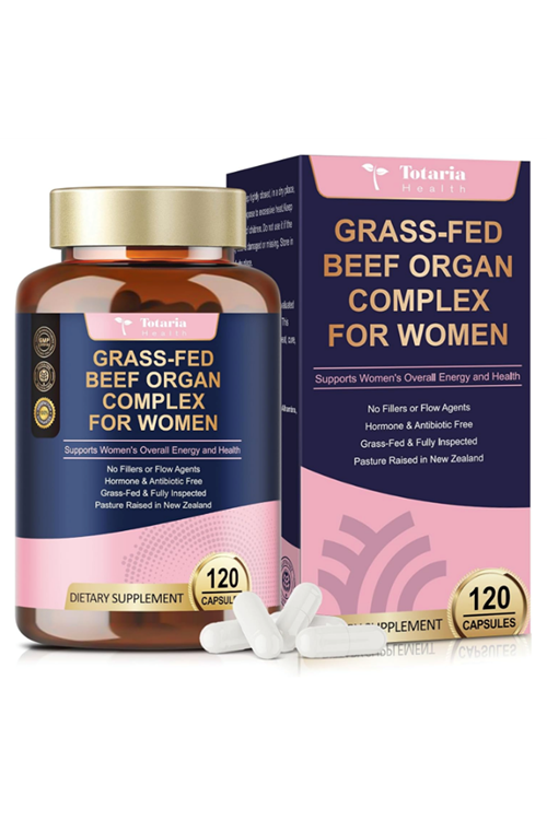 Totaria Healt Beef Organ for Women - Beef Liver, Kidney, Heart,Uterus Tissue - Balance Hor mo nes  Ove rall Ener gy - Grass Fed, Pasture Raised - Natural Iron  with Fo late - 120 Capsul