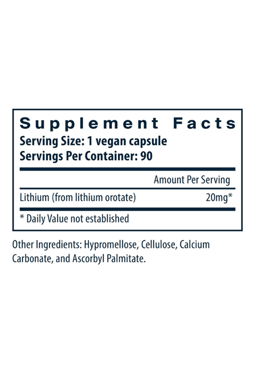 Vital Nutrients Lithium Orotate 20mg  90 Capsules Memory, State of Mind, and Behavioral Health Gluten, Dairy, Soy Free 