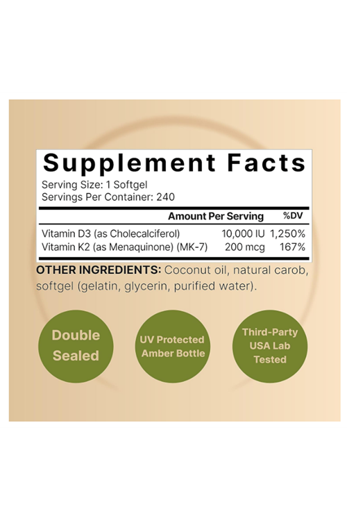 NatureBell Vitamin D3 10,000 IU + K2 200 mcg, MK 7 FORM  240 Softgels