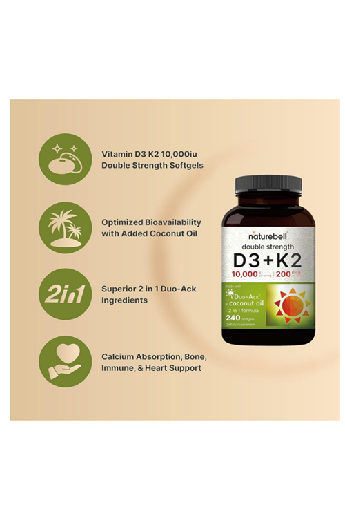 NatureBell Vitamin D3 10,000 IU + K2 200 mcg, MK 7 FORM  240 Softgels