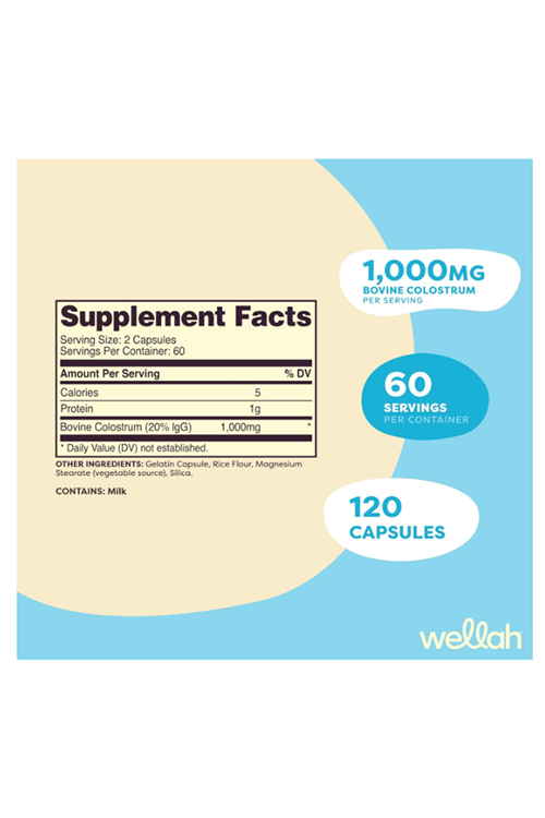 Wellah Pasteurized Colostrum (1,000mg) 120 Capsules - Bovine Colostrum, 60 Servings.Abd Menşei.