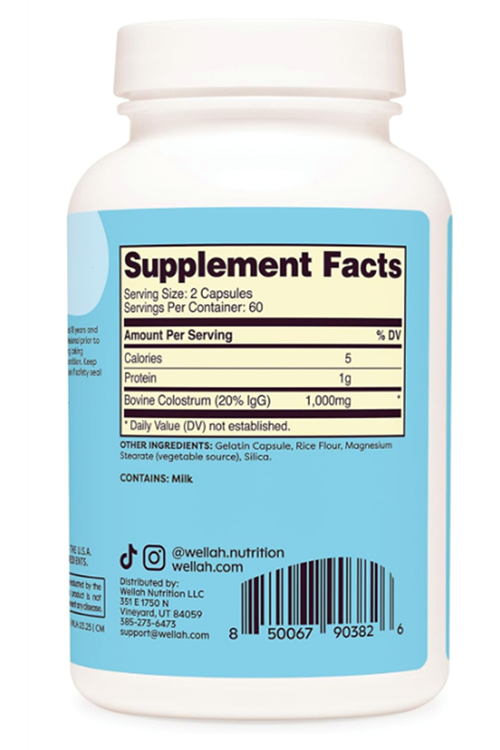 Wellah Pasteurized Colostrum (1,000mg) 120 Capsules - Bovine Colostrum, 60 Servings.Abd Menşei.