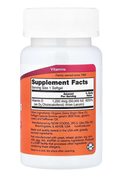 NOW Foods, Vitamin D-3, Max Potency, 50,000 IU, 50 Softgels