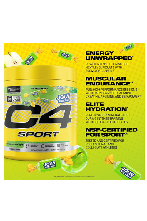 Cellucor C4 Sport Pre Workout Powder - Jolly Rancher Green Apple - NSF Certified for Sport - 200mg Caffeine + Creatine + Beta-Alanine - Electrolytes and Energy - 20 Servings 248gr.Abd Menşei.49.