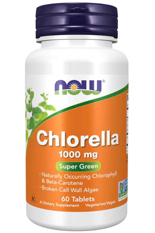 NOW Foods Chlorella 1000 mg naturally Chlorophyll, Beta-Carotene, mixed Carotenoids, Vitamin C, Iron and Protein, 60 Tablets.