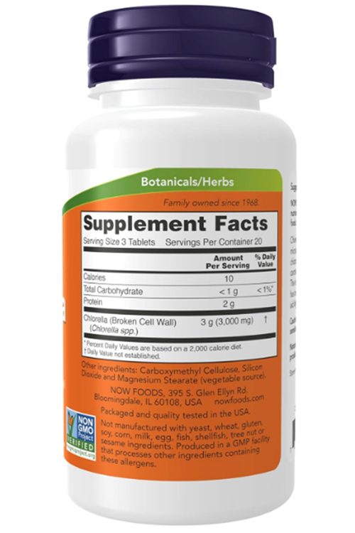 NOW Foods Chlorella 1000 mg naturally Chlorophyll, Beta-Carotene, mixed Carotenoids, Vitamin C, Iron and Protein, 60 Tablets.