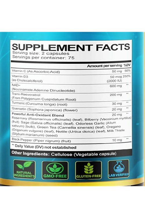 VEGATOT Organic NAD+ Boosting Complex 150 Capsul with Resveratrol, Turmeric, Quercetin, Rosemary Bilberry Sage Green Tea.Usa Menşei.44.