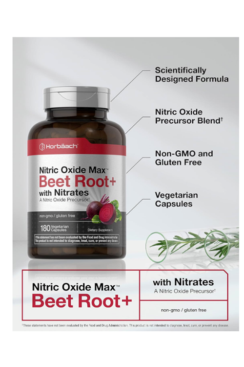 Horbäach Nitrik Oxide Max Beet Root + with Nitrates 180 Vegie Capsules.