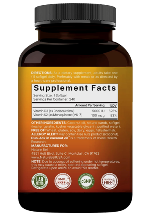 NatureBell Vitamin D3 5,000 IU + K2 100 mcg, 240 Softgels  Daily 2-in-1 Formula with Virgin Coconut Oil  Bone, Heart & Immune Support  MK-7 Form.