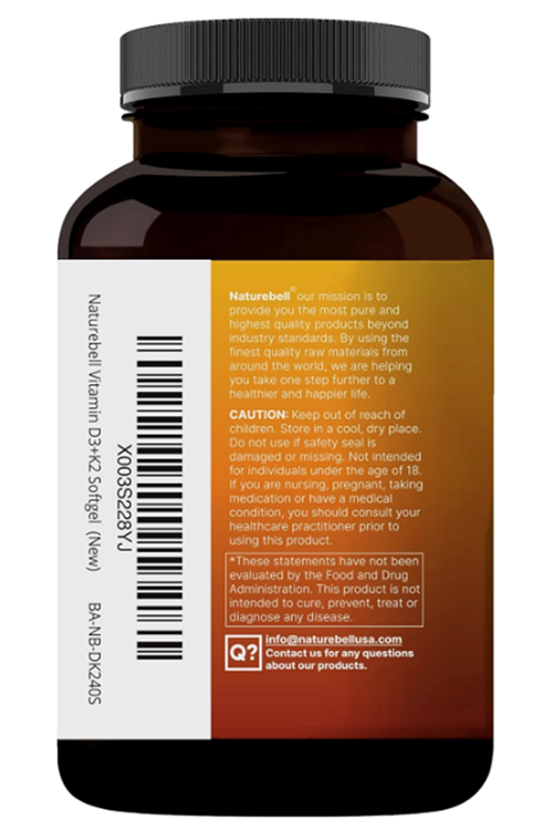 NatureBell Vitamin D3 5,000 IU + K2 100 mcg, 240 Softgels  Daily 2-in-1 Formula with Virgin Coconut Oil  Bone, Heart & Immune Support  MK-7 Form.