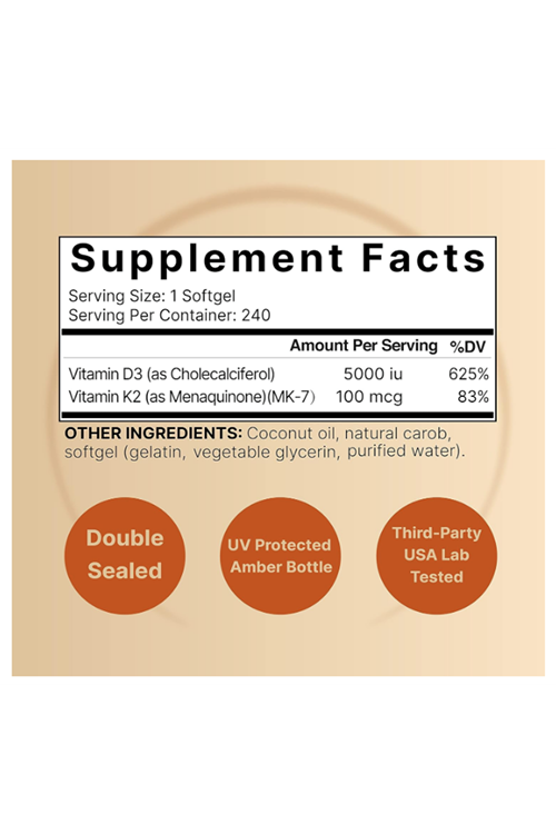 NatureBell Vitamin D3 5,000 IU + K2 100 mcg, 240 Softgels  Daily 2-in-1 Formula with Virgin Coconut Oil  Bone, Heart & Immune Support  MK-7 Form.