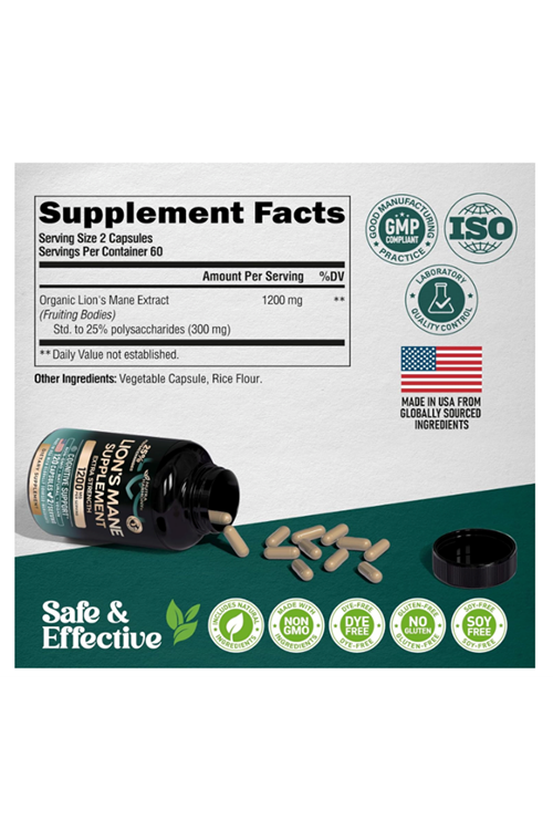 NUTRAHARMONY  Organic Lions Mane - Made in USA 1200 mg Memory & Focus Support  120 Capsules.