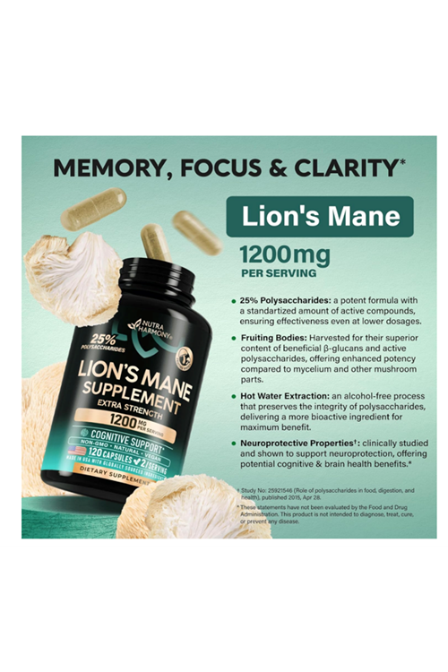 NUTRAHARMONY  Organic Lions Mane - Made in USA 1200 mg Memory & Focus Support  120 Capsules.
