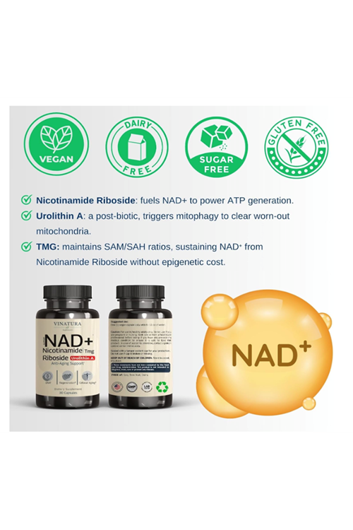 VINATURA NAD Nicotinamide Riboside Resveratrol with Urolithin A and TMG - Advanced NAD+ for Women  Men, Supports Anti-Aging - 30 Vegan Capsul.