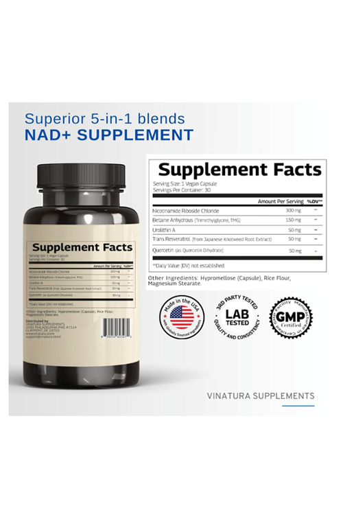 VINATURA NAD Nicotinamide Riboside Resveratrol with Urolithin A and TMG - Advanced NAD+ for Women  Men, Supports Anti-Aging - 30 Vegan Capsul.