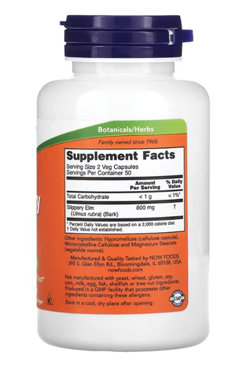 NOW Supplements  Slippery Elm (Ulmus rubra) 400mg  100 Veg Capsules.