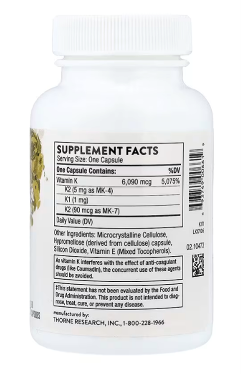 THORNE - Vitamin K - Vitamins K1 and K2 (as MK-4 and MK-7)  Gluten, Dairy  Soy-Free - 60 Servings.