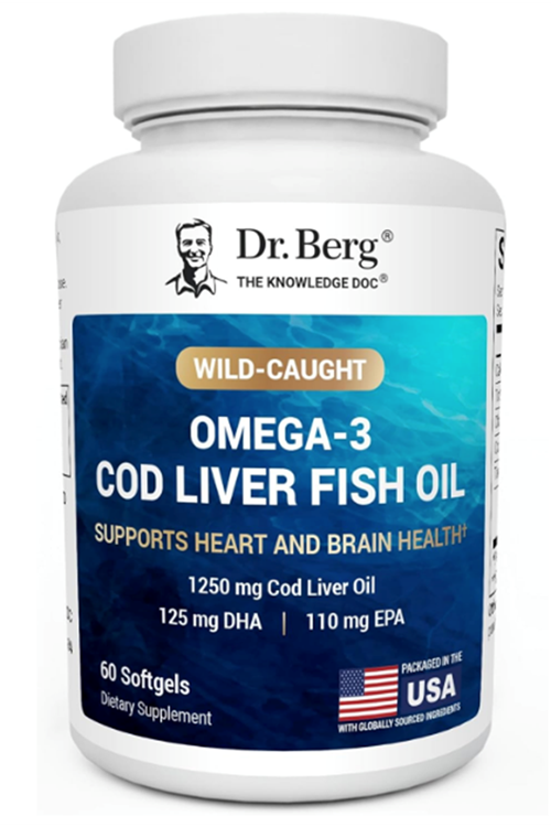 Dr. Berg  Omega-3 Cod Liver Fish Oil – 1250 mg Cod Liver Oil – 125 mg of DHA 60 Softjel.Abd Menşei