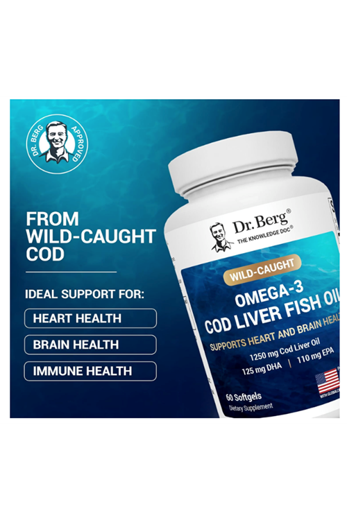 Dr. Berg  Omega-3 Cod Liver Fish Oil – 1250 mg Cod Liver Oil – 125 mg of DHA 60 Softjel.Abd Menşei