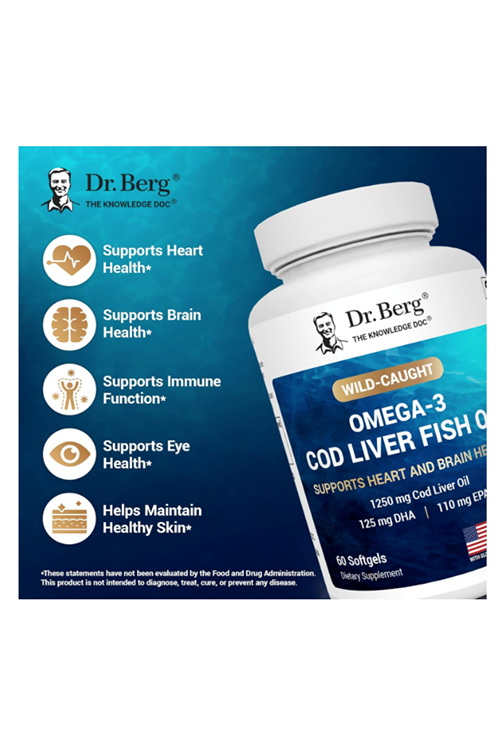 Dr. Berg  Omega-3 Cod Liver Fish Oil – 1250 mg Cod Liver Oil – 125 mg of DHA 60 Softjel.Abd Menşei