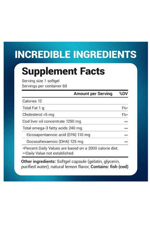 Dr. Berg  Omega-3 Cod Liver Fish Oil – 1250 mg Cod Liver Oil – 125 mg of DHA 60 Softjel.Abd Menşei.57.