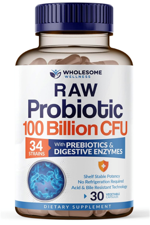 Wholesome Wellness Organic Raw Probiotics 100 Billion CFU, Dr Formulated for Women and Men, Complete Adult Supplement with Prebiotics and Digestive Enzymes; 30 Capsules.Abd Menşei.
