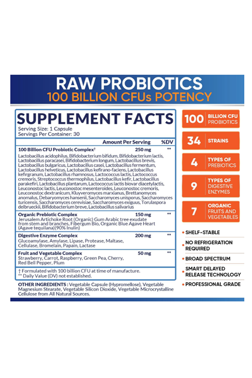Wholesome Wellness Organic Raw Probiotics 100 Billion CFU, Dr Formulated for Women and Men, Complete Adult Supplement with Prebiotics and Digestive Enzymes; 30 Capsules.Abd Menşei.